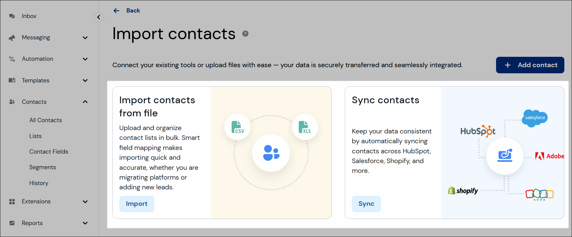 Screenshot showing the import options.