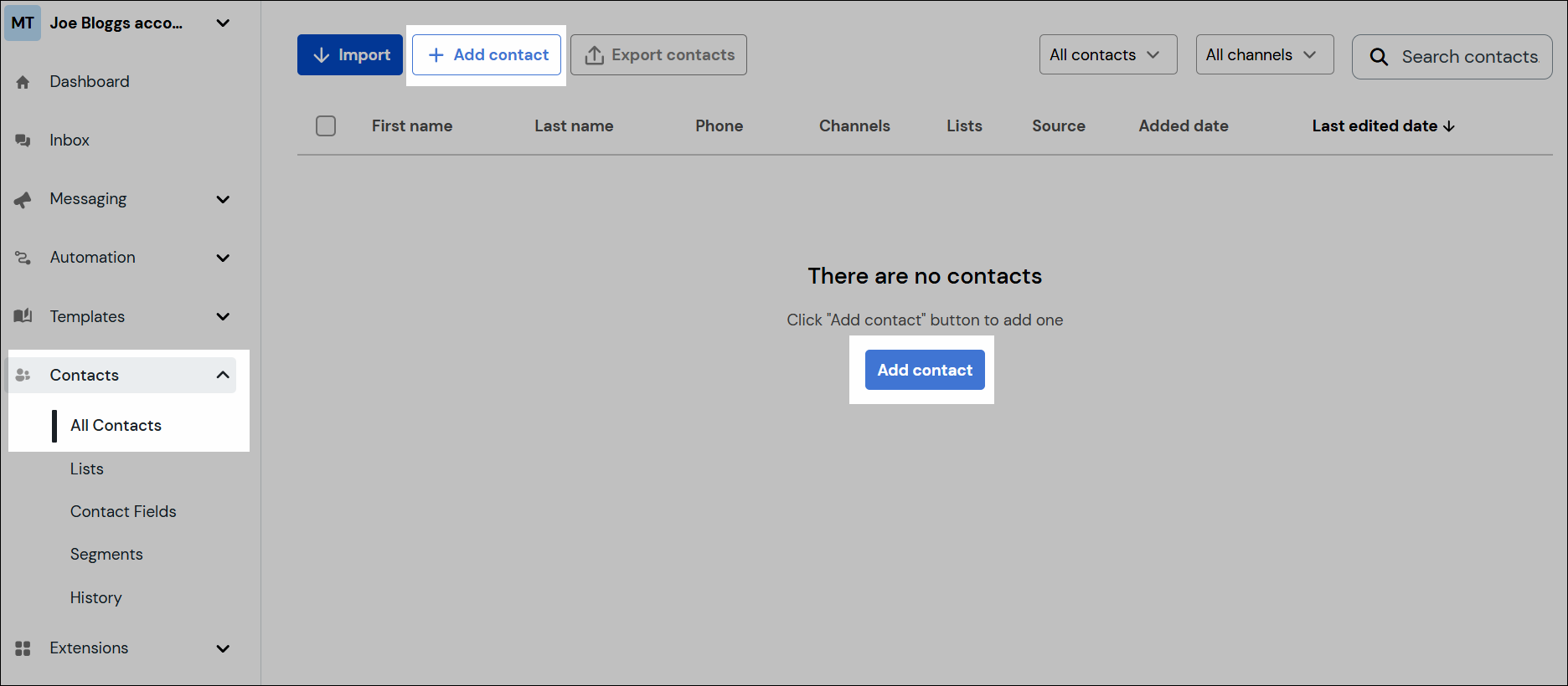 All Contacts page showing Add contact button