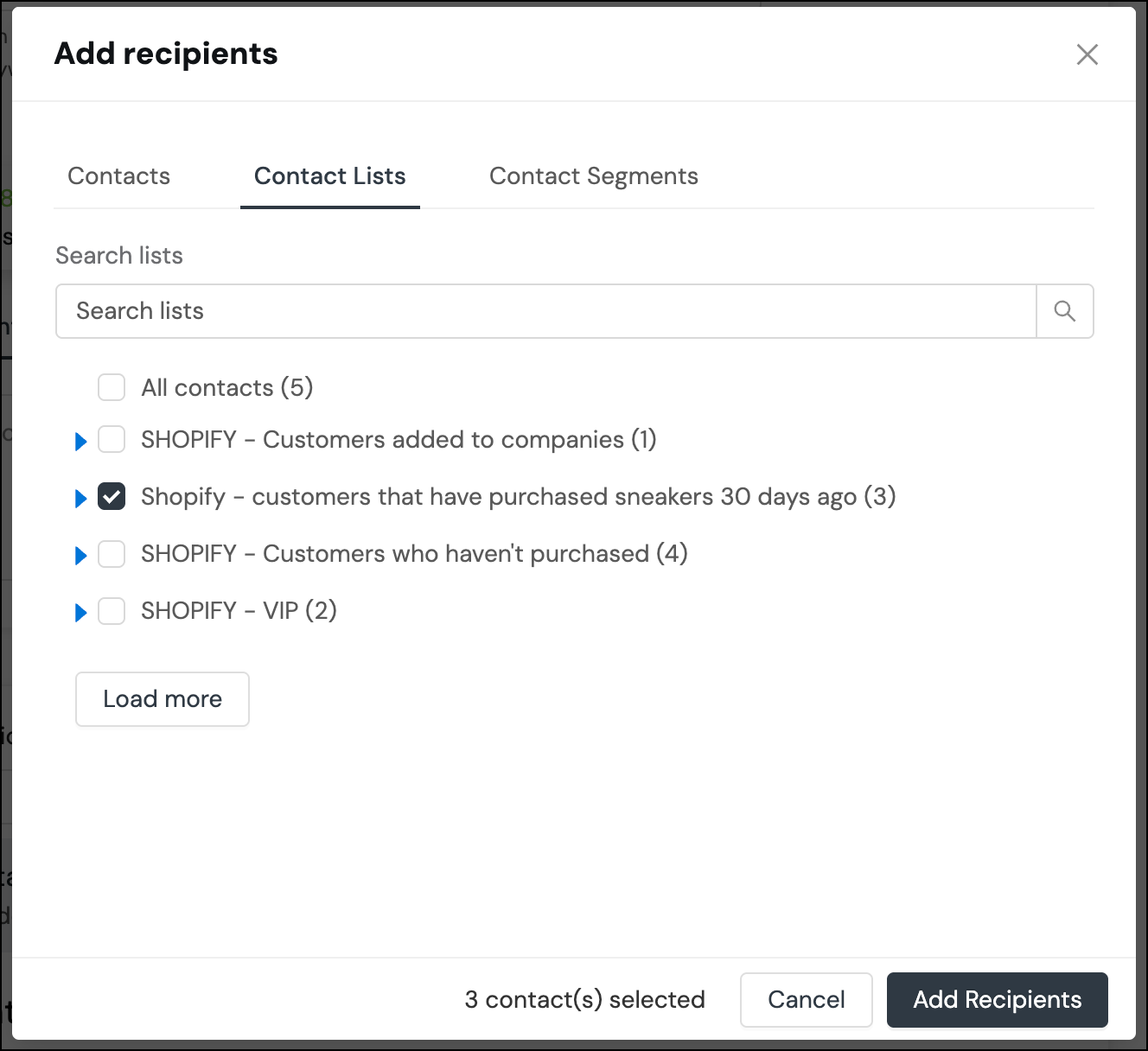 Select Shopify contact list to send promotional campaign.