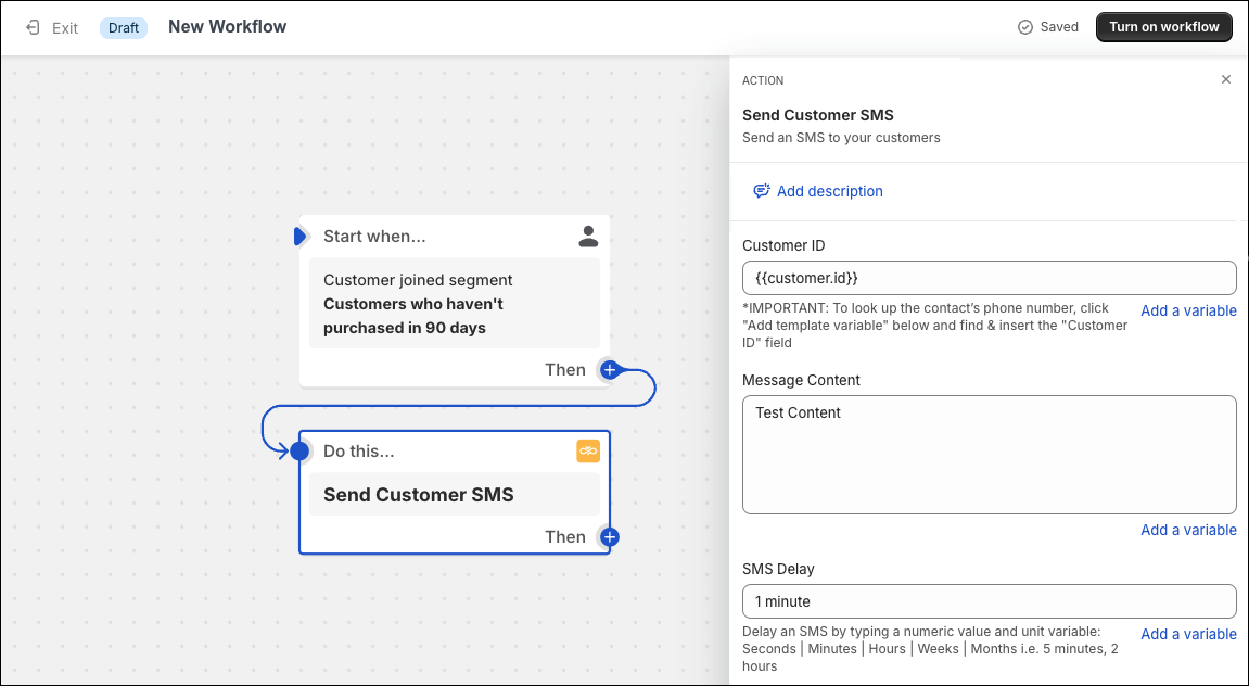 Configure Send Customer SMS action in Shopify Flow.