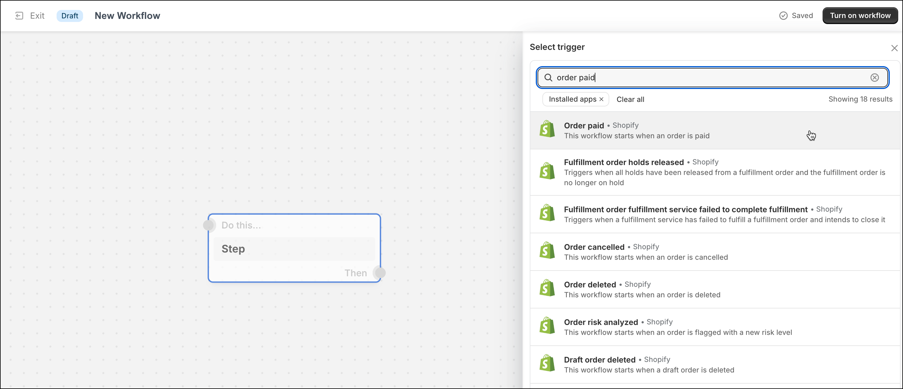 Select the order paid trigger in Shopify flows.