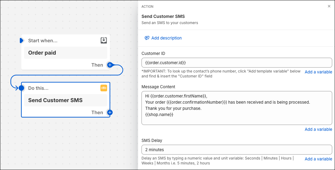 Configure send customer SMS message for order paid in Shopify flow.
