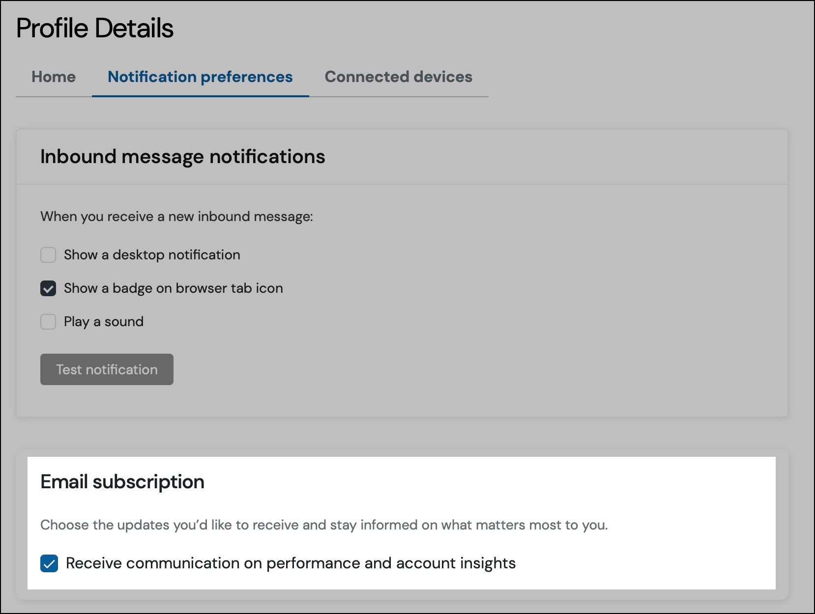 Profile details in Sinch platform - notification preferences.