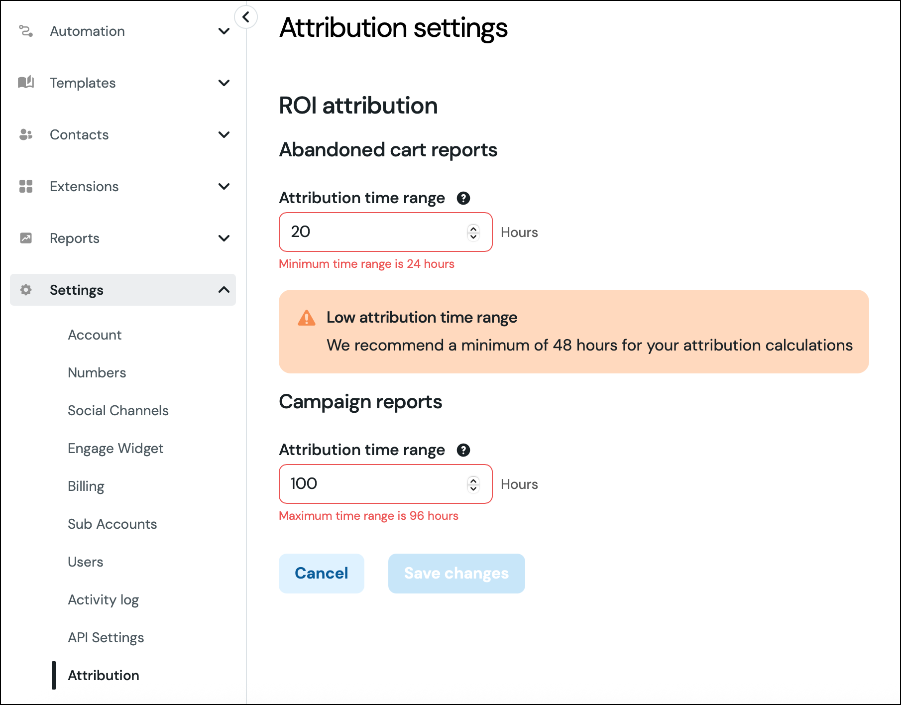 Attribution settings in Sinch platform.