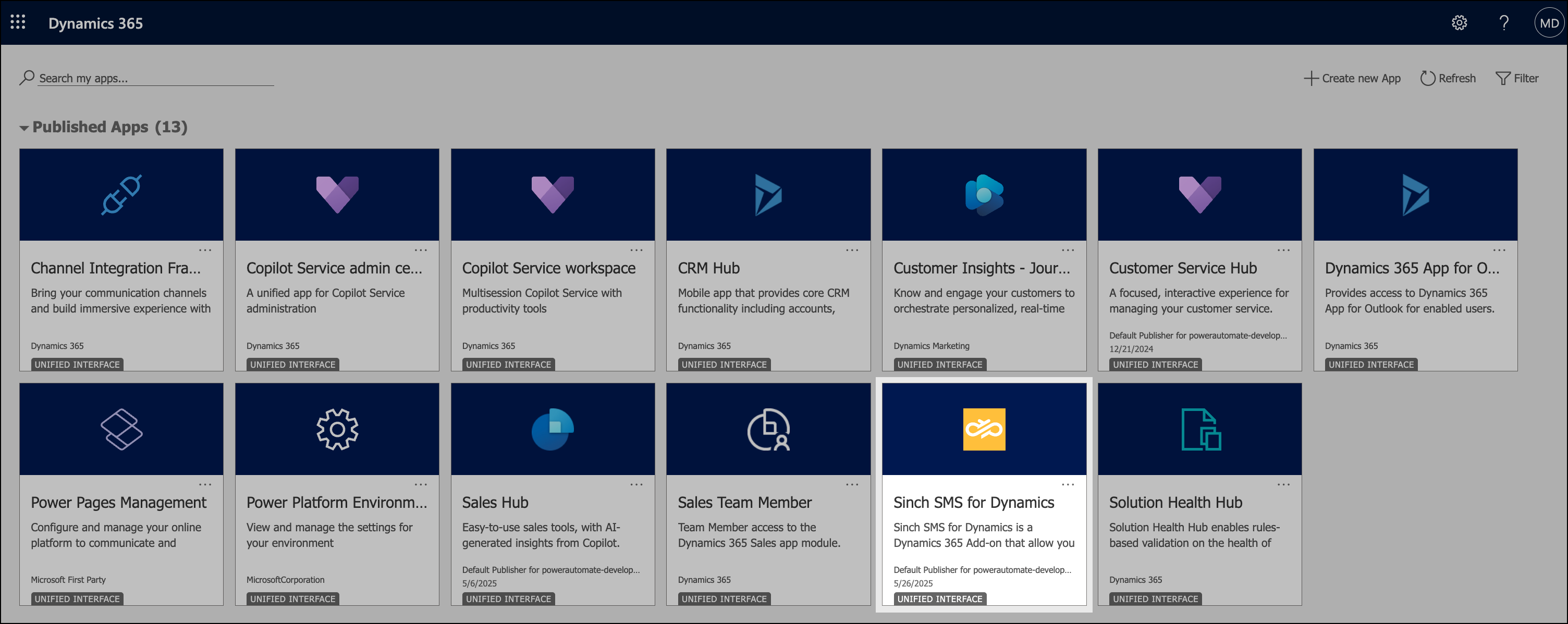 Sinch SMS for Dynamics tile in Dynamics 365 Sales Solutions_EN.png