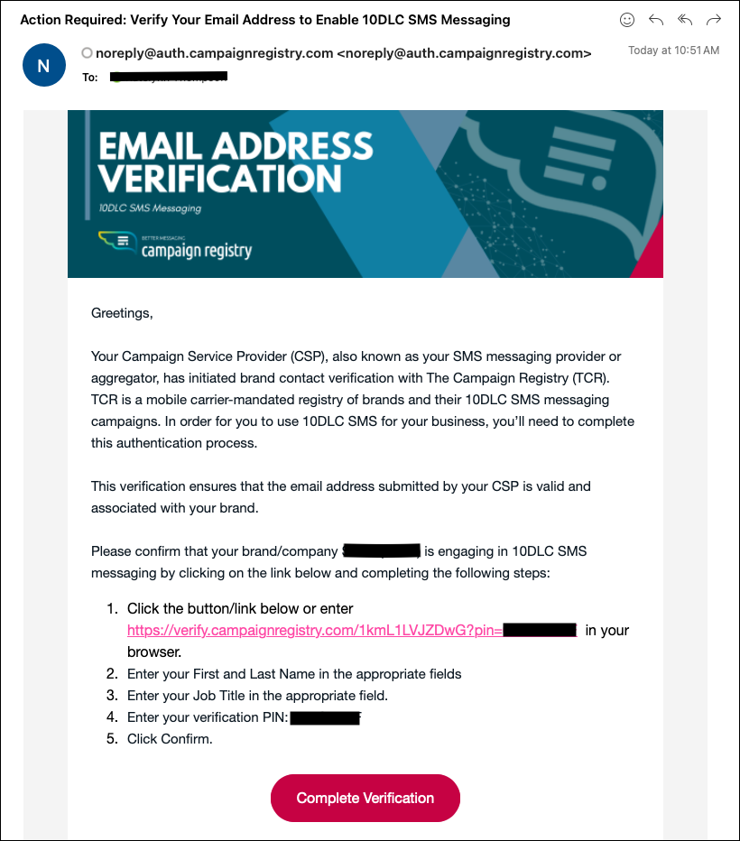 Screenshot of email from TCR.