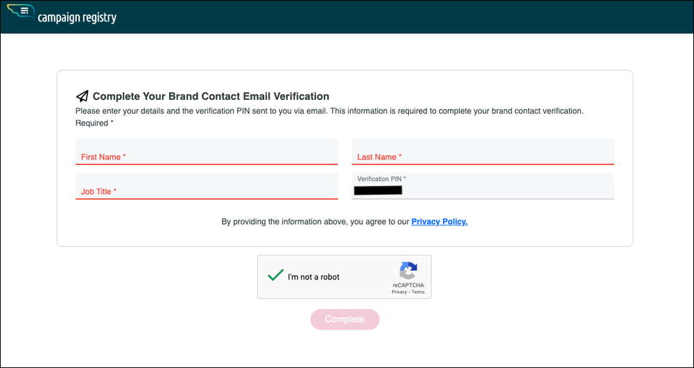 Screenshot of campaign registry verification form.