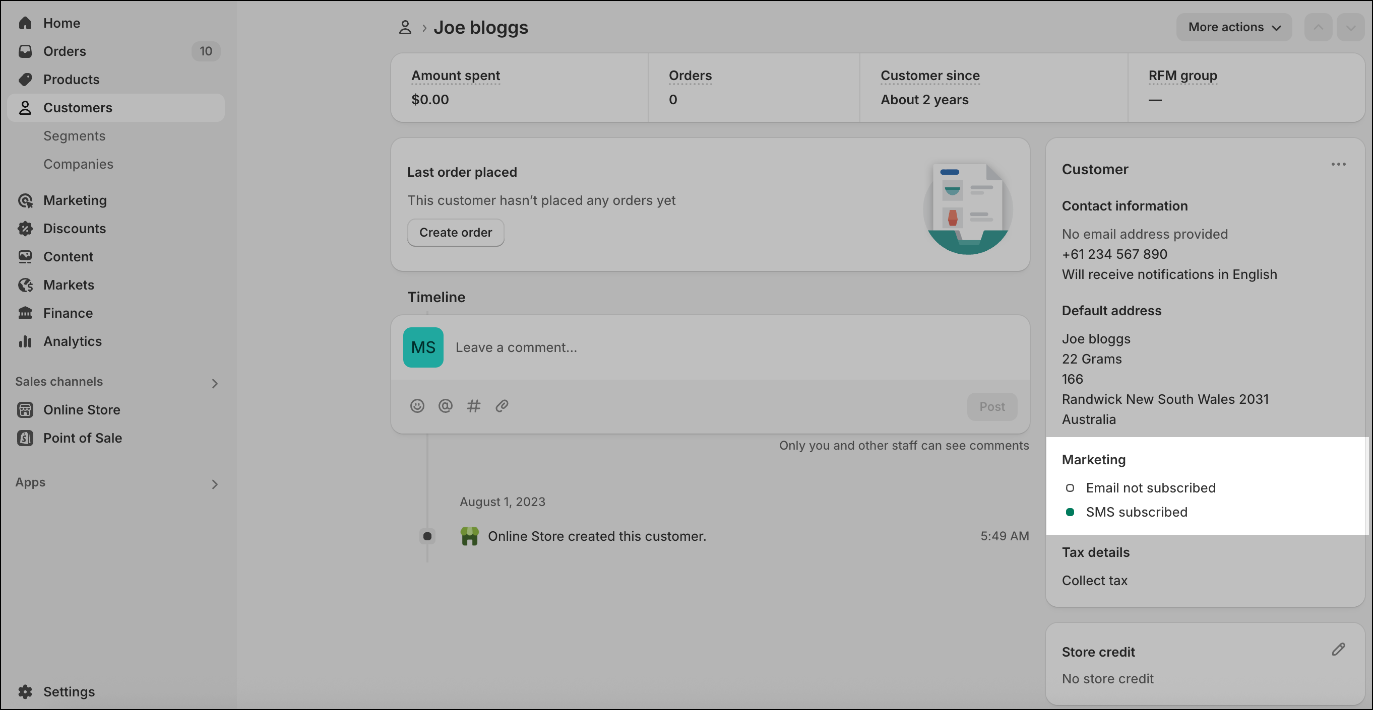 Shopify customer SMS subscribed.