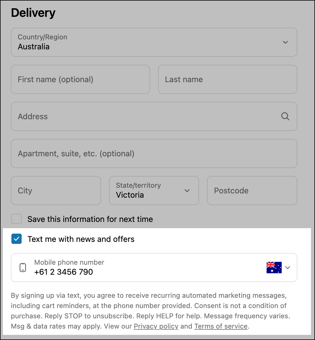 Shopify checkout allows customers to opt in to SMS marketing.