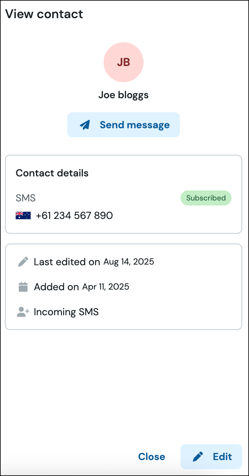 Sinch platform contact recording showing SMS Subscription status.