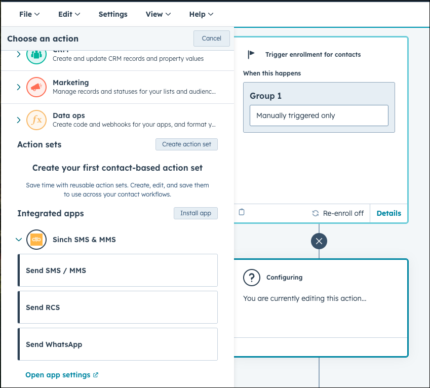 Select RCS under the Sinch SMS & MMS integrated apps in HubSpot.