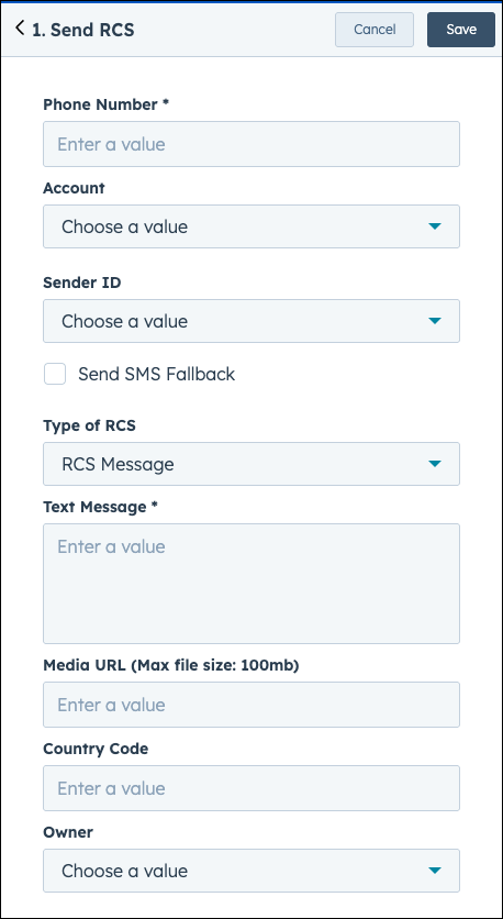 Type of RCS properties in HubSpot.