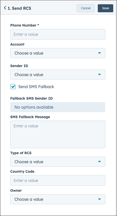 RCS properties in HubSpot - SMS Fallback option.