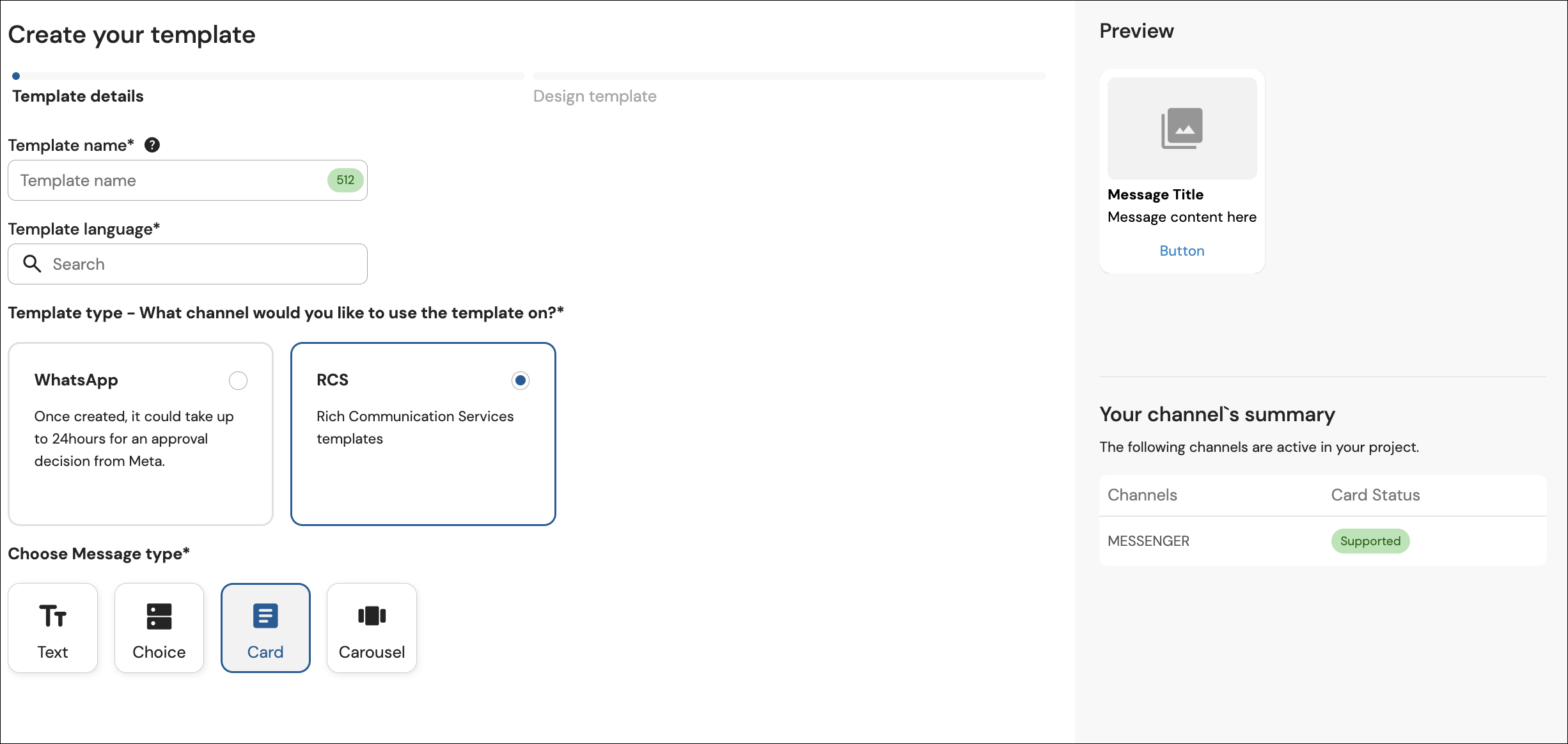 Screenshot of template details screen