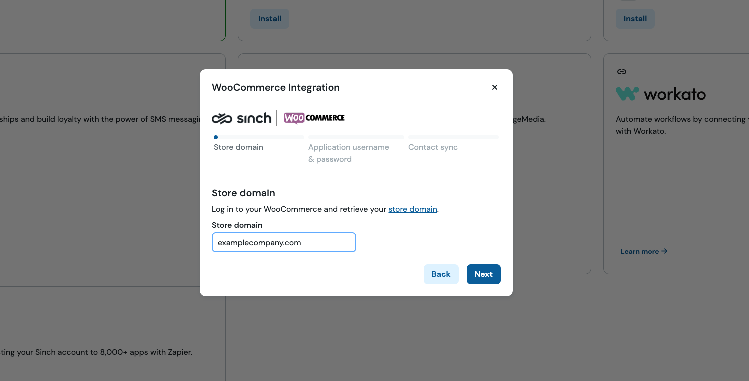 WooCommerce integration set up screen in Sinch - store domain.