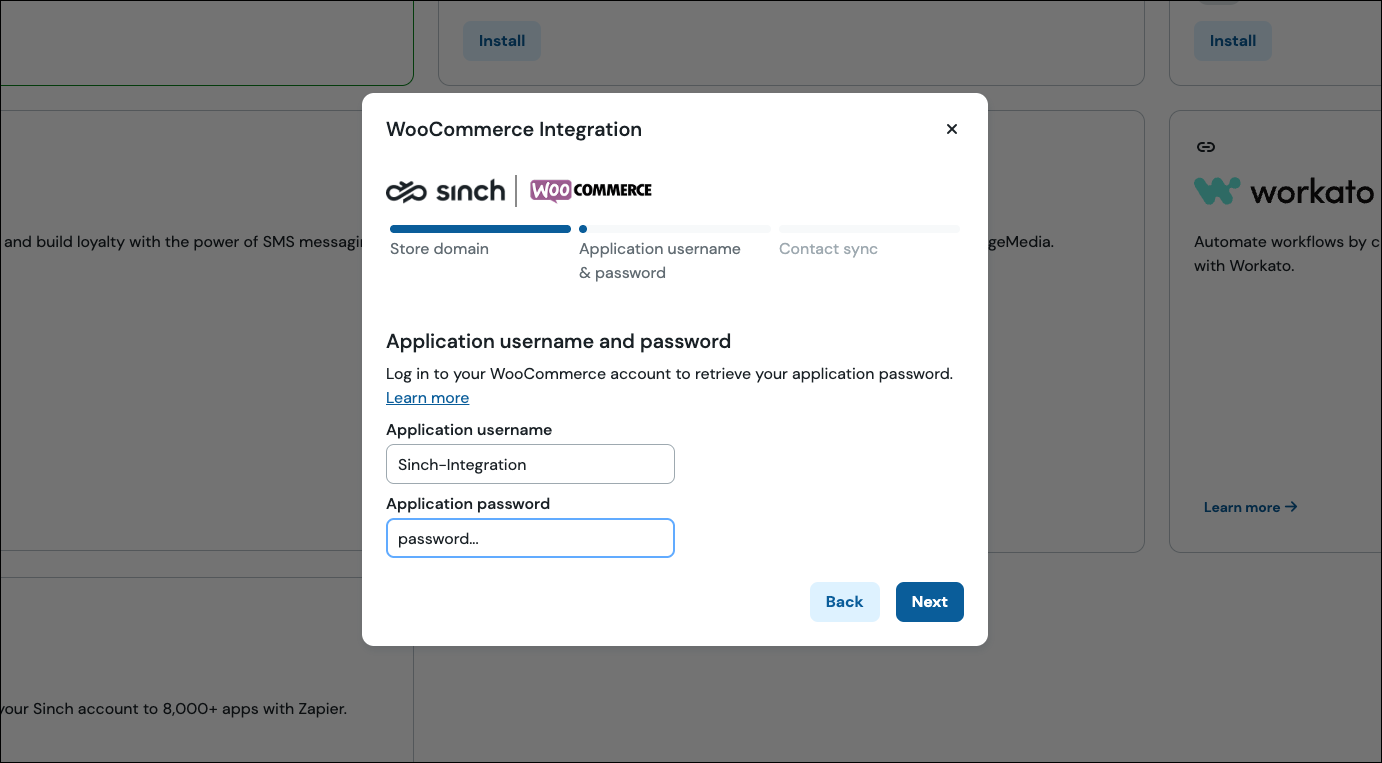 WooCommerce integration set up screen in Sinch - app username and password.