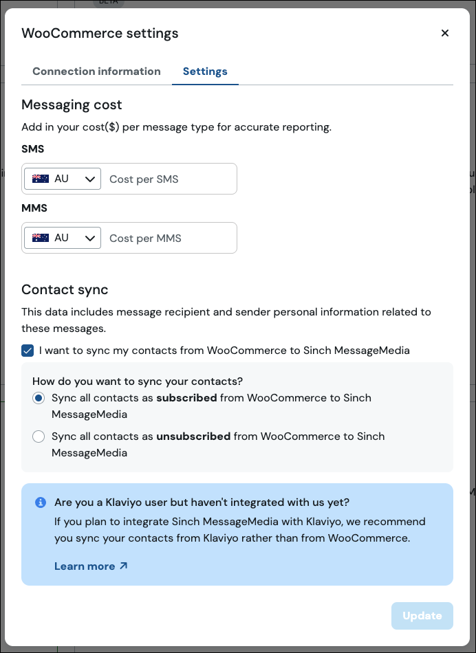 WooCommerce settings in Sinch.