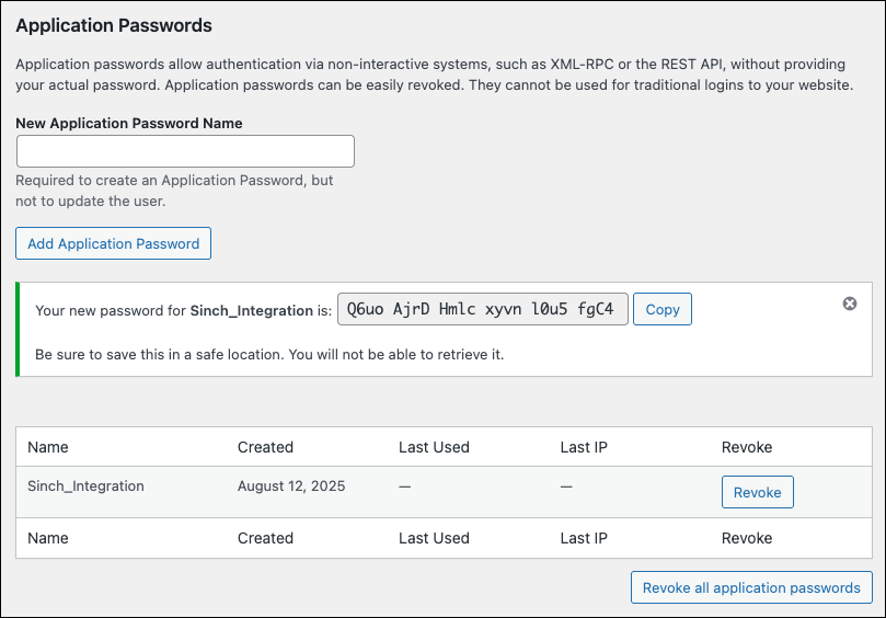 Wordpress Application password - revoke.