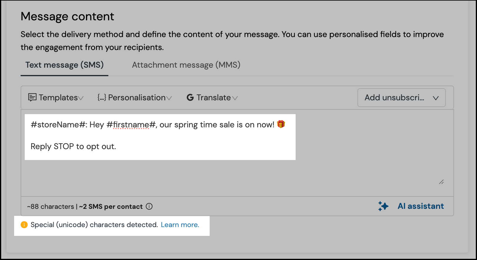 Special unicode characters detected alert in Sinch platform.