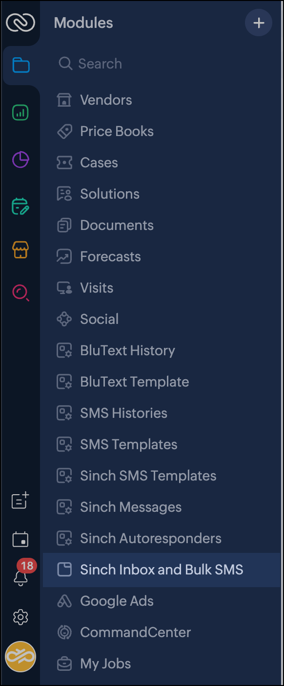 Sinch SMS for Zoho CRM under module section.