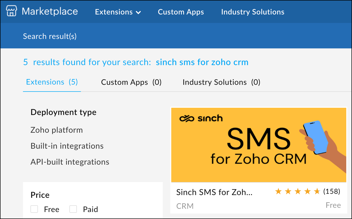 Search for Sinch SMS for Zoho CRM in the Zoho marketplace.