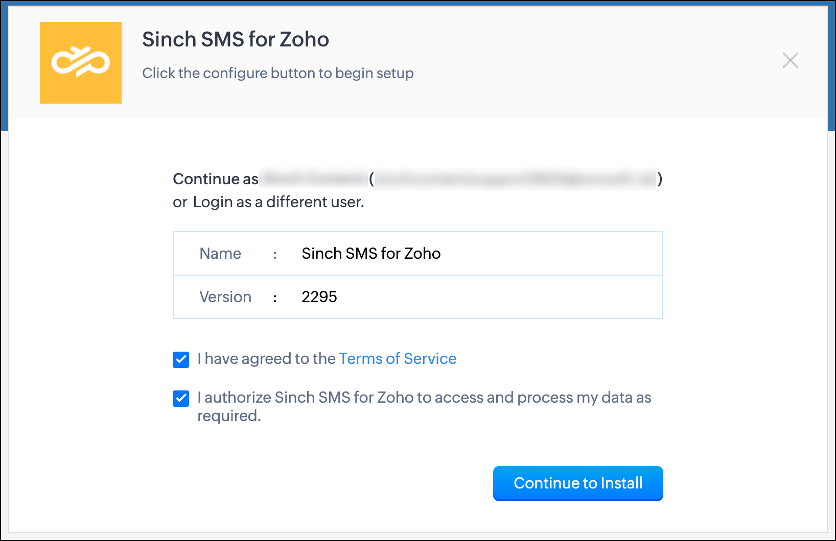 Confirm login details and continue to install.