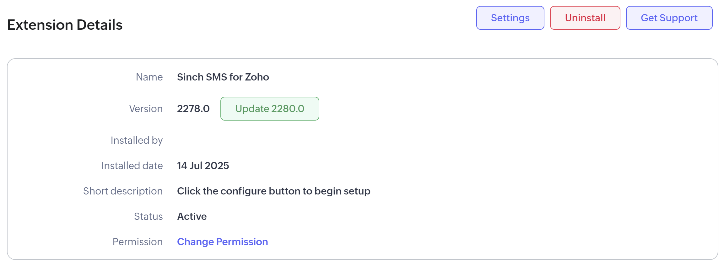 Update Sinch SMS for Zoho CRM app - Extension Details.