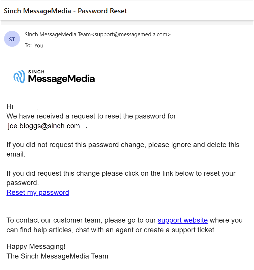 Screenshot of reset email