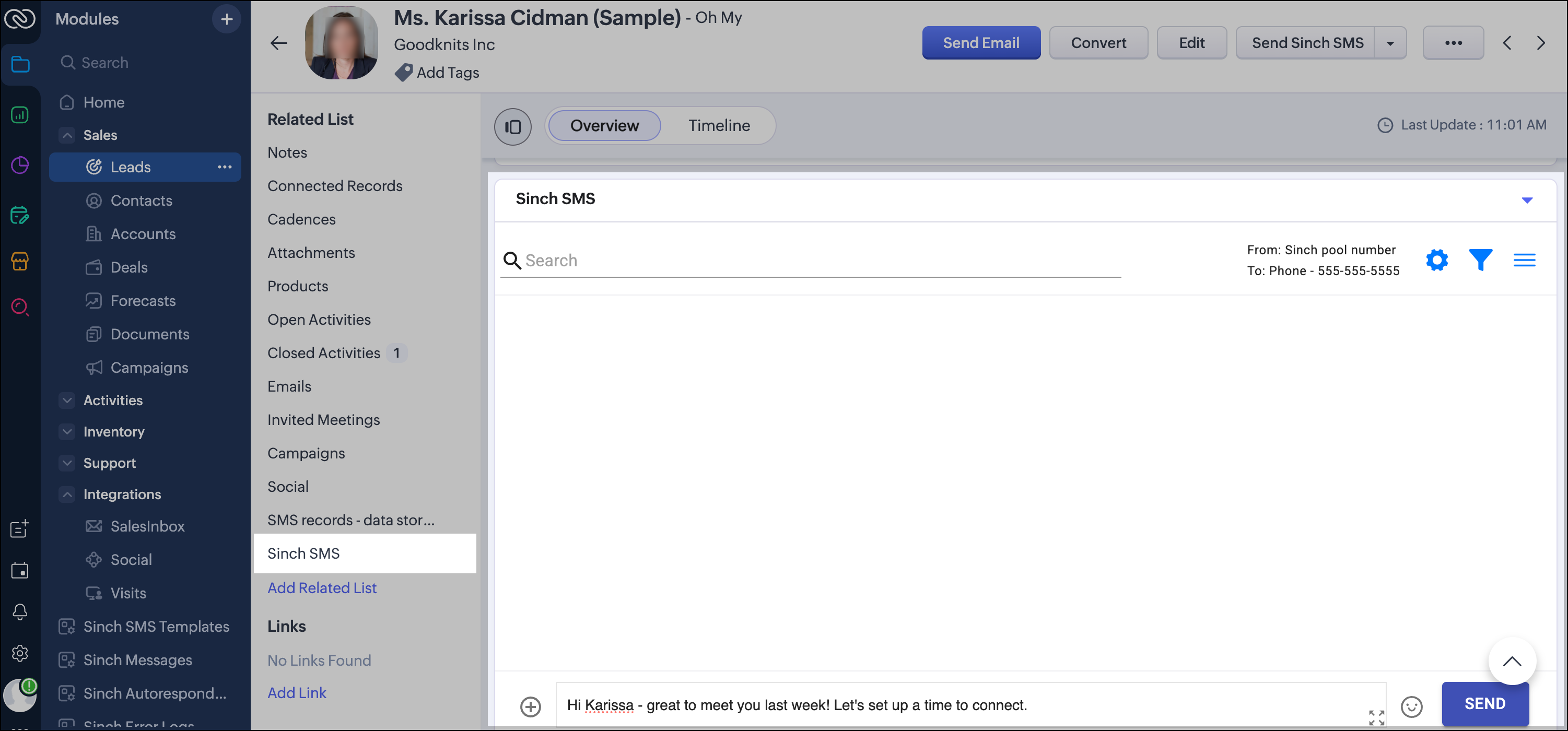 Send form a CRM record using Sinch SMS.