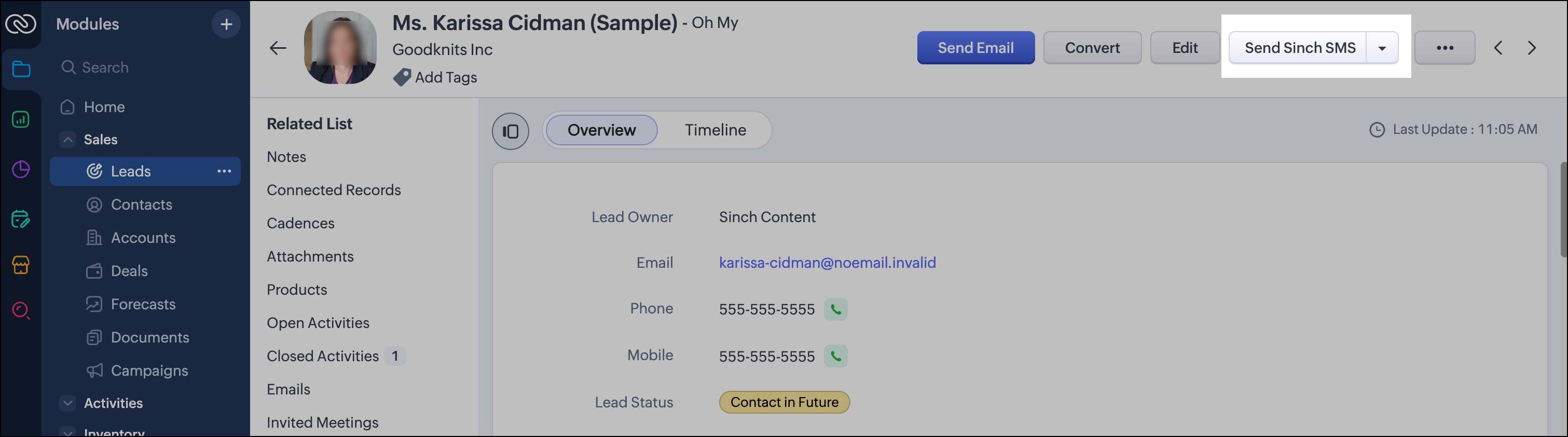 Send Sinch SMS button in a Lead record.