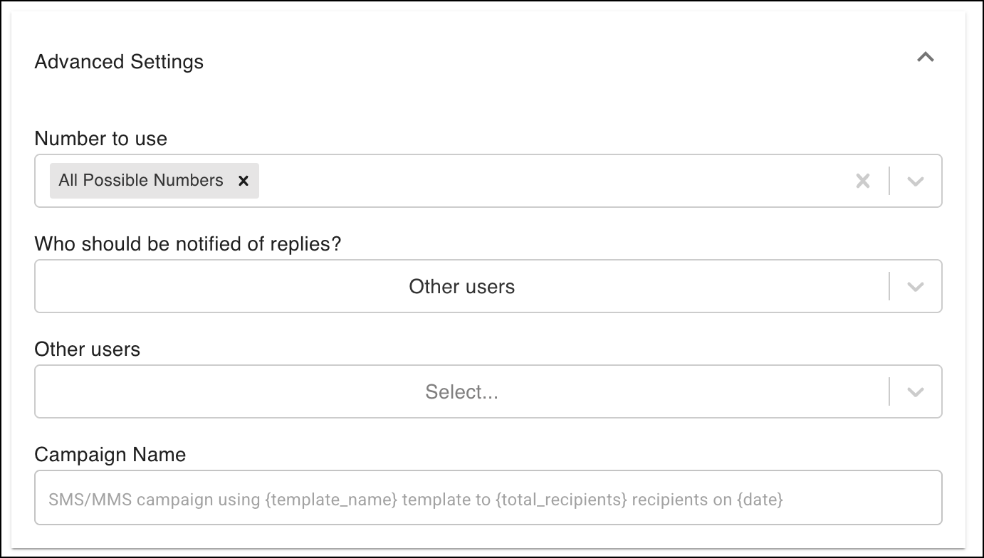 Advanced settings in Send Bulk Sinch SMS pop-up.