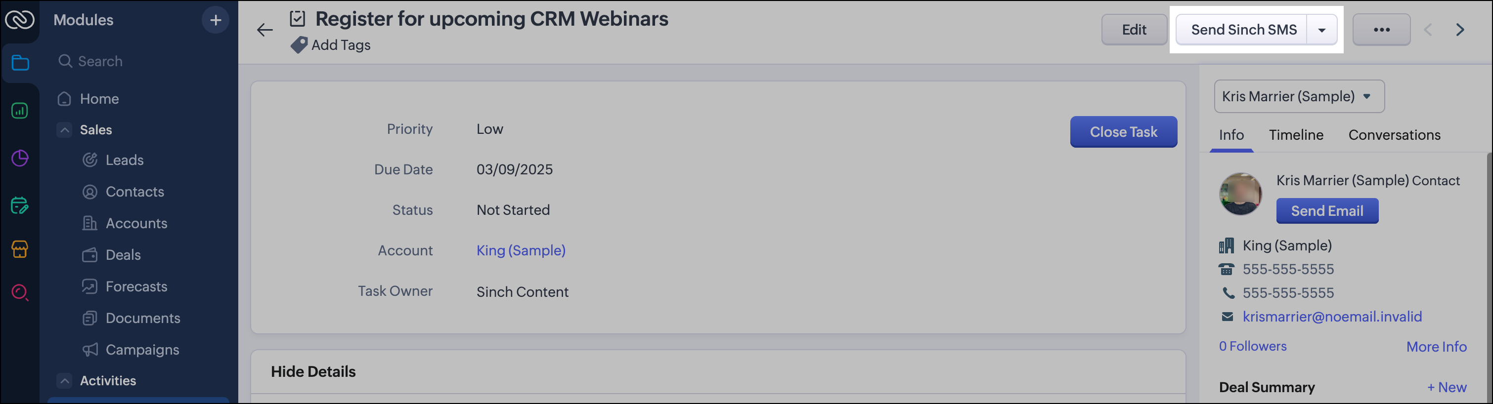 Send Sinch SMS button in a Task record.