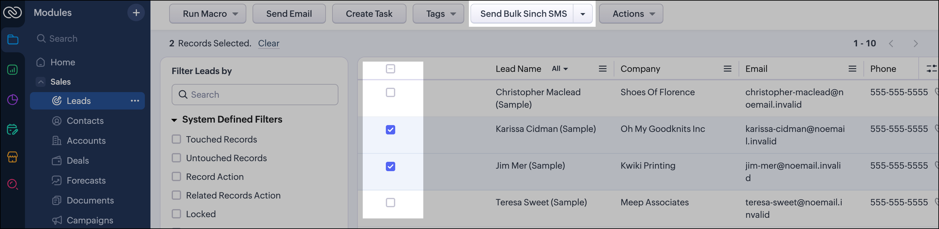 Select leads to Send Bulk Sinch SMS.