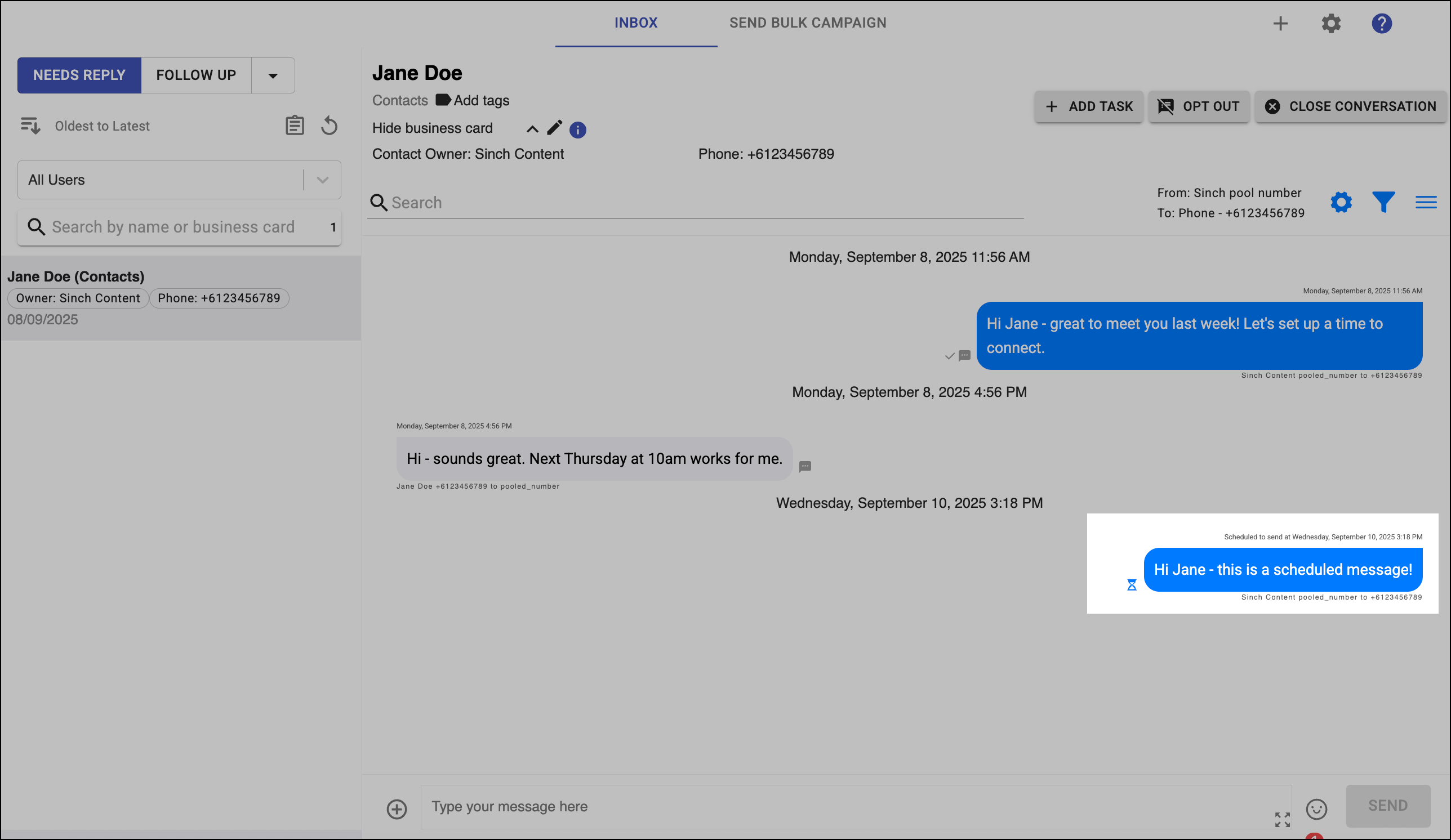 Cancel scheduled 1 to 1 message from Sinch Inbox.
