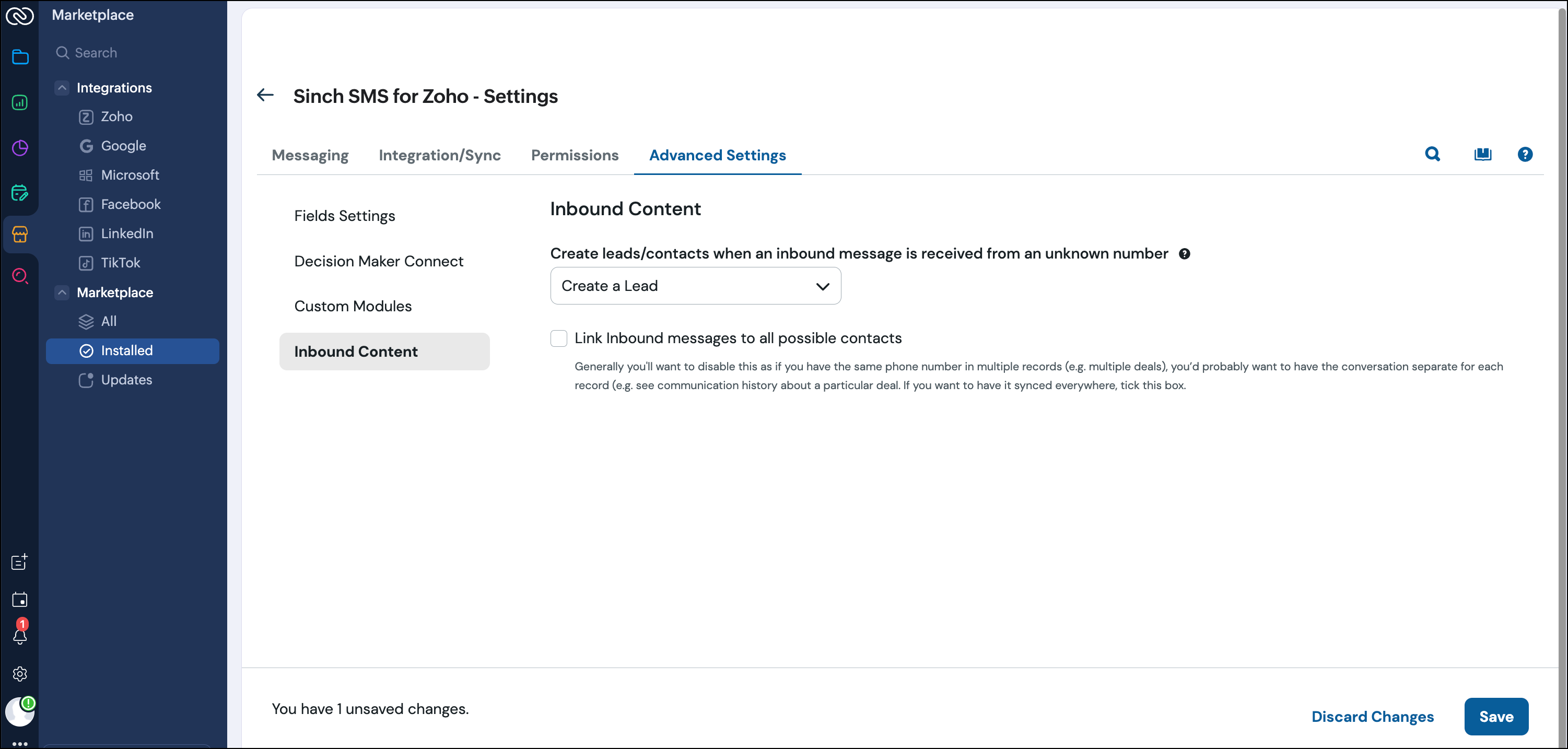 Create leads or contacts when an inbound message is received from an unknown number.