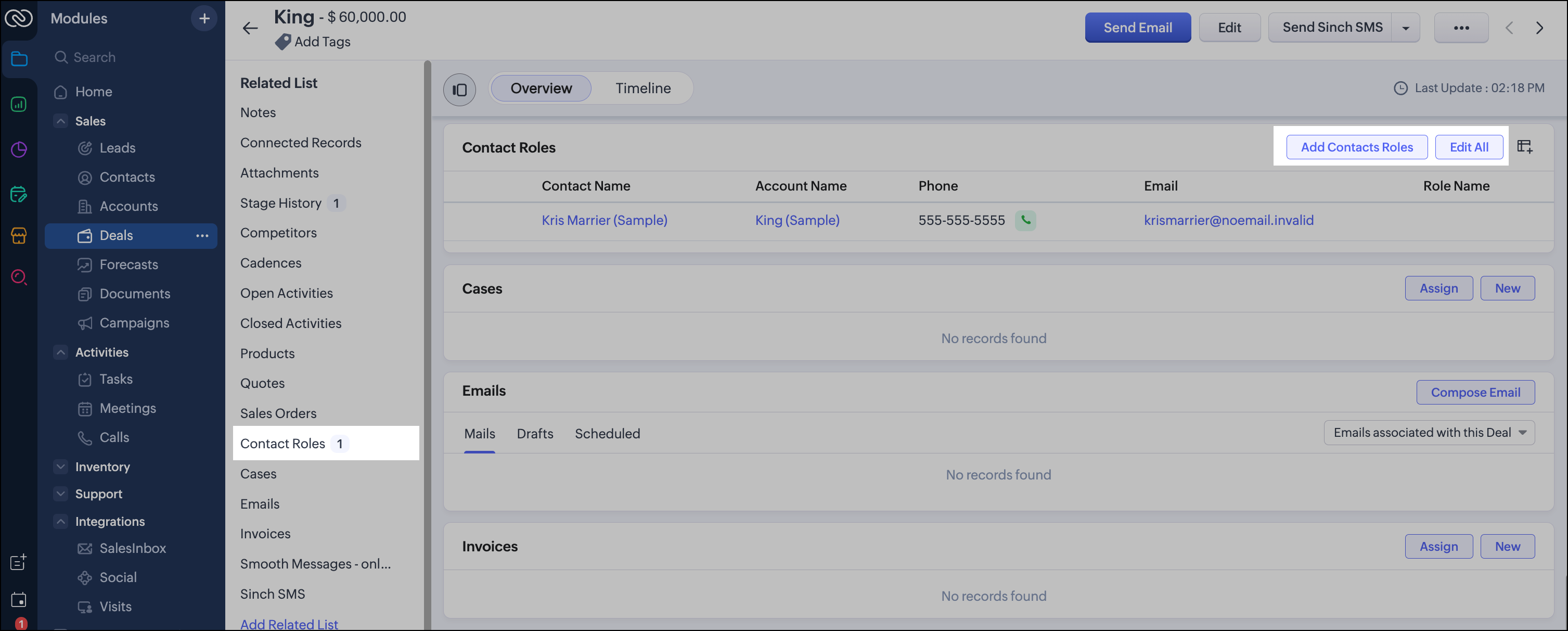 Add or edit contact roles for a deal in Zoho CRM.