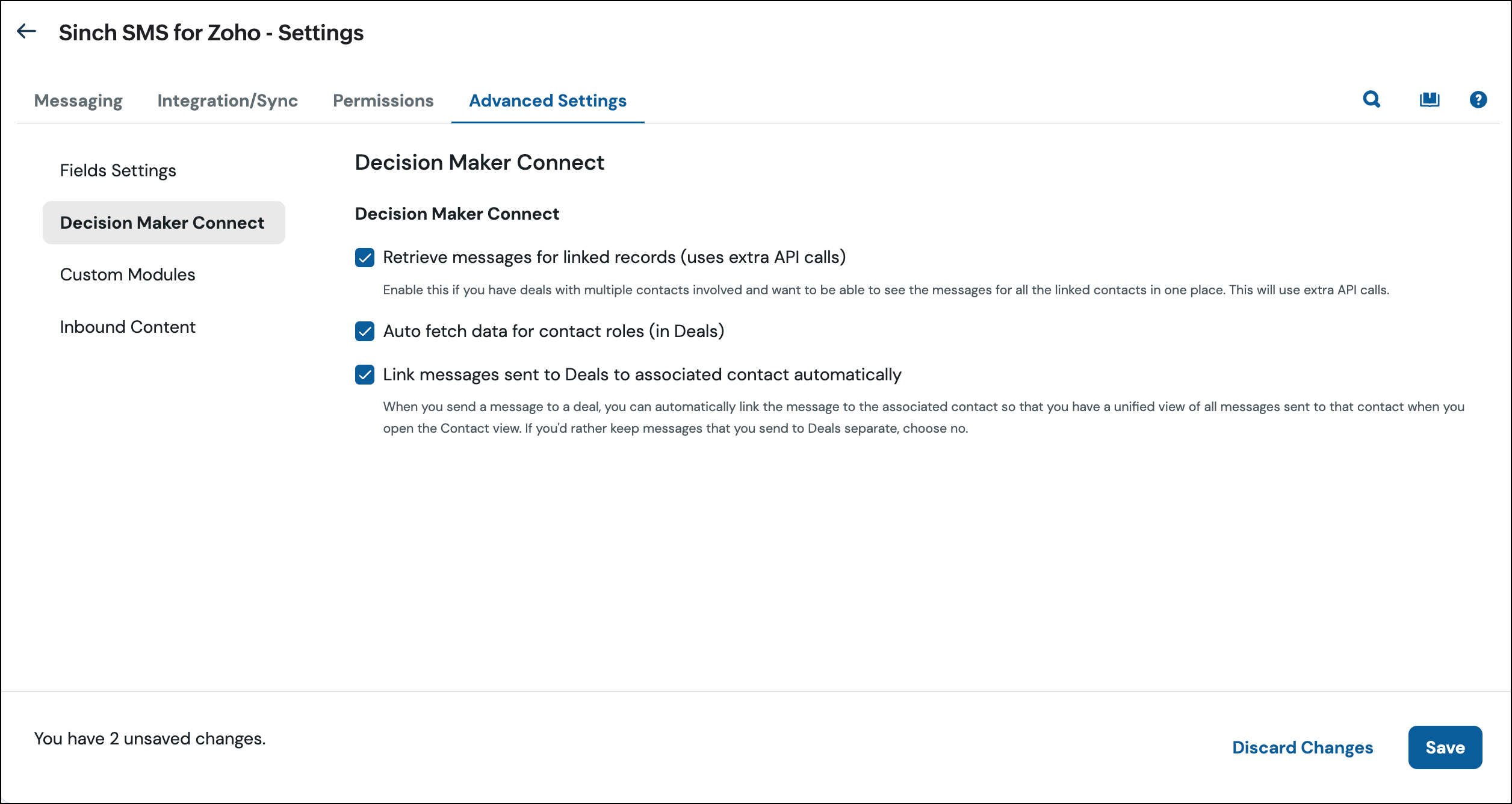 Decision Maker Connect advanced settings.