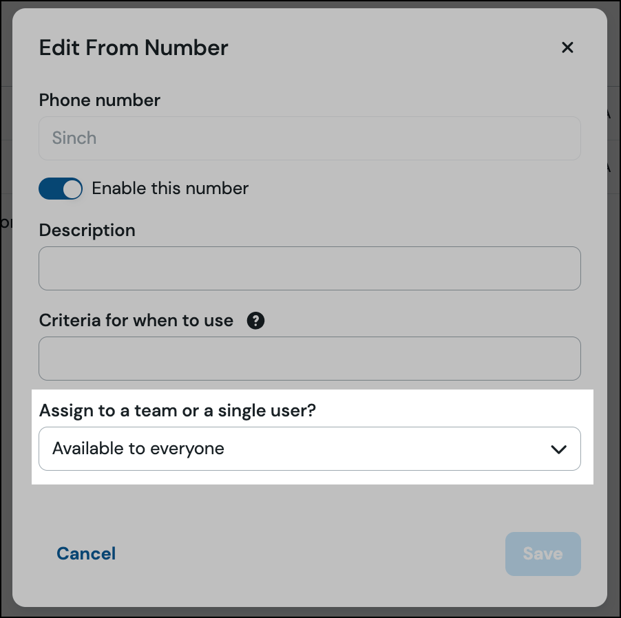 Assign a "From" number to everyone, team or single user.