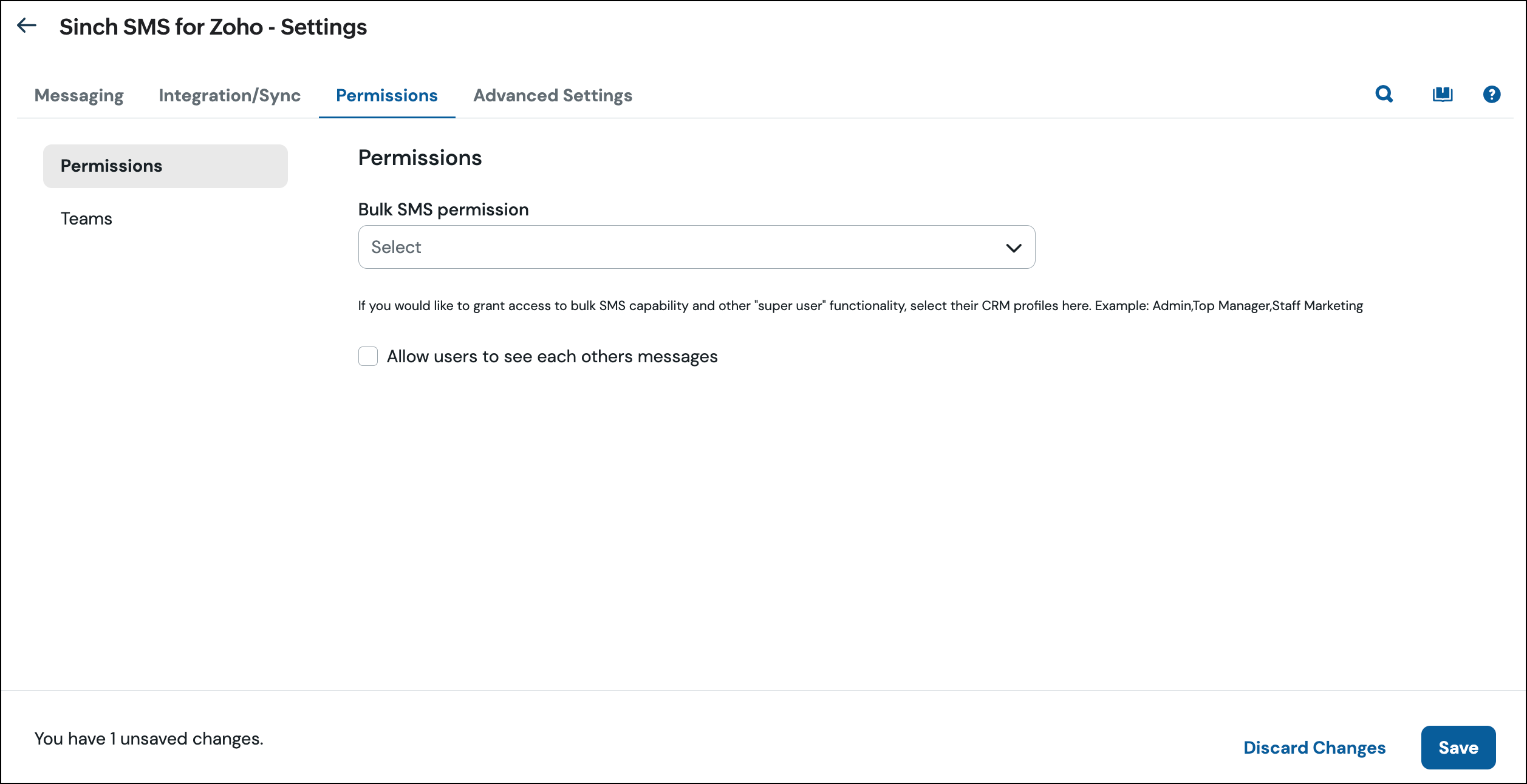 Bulk SMS permission settings.