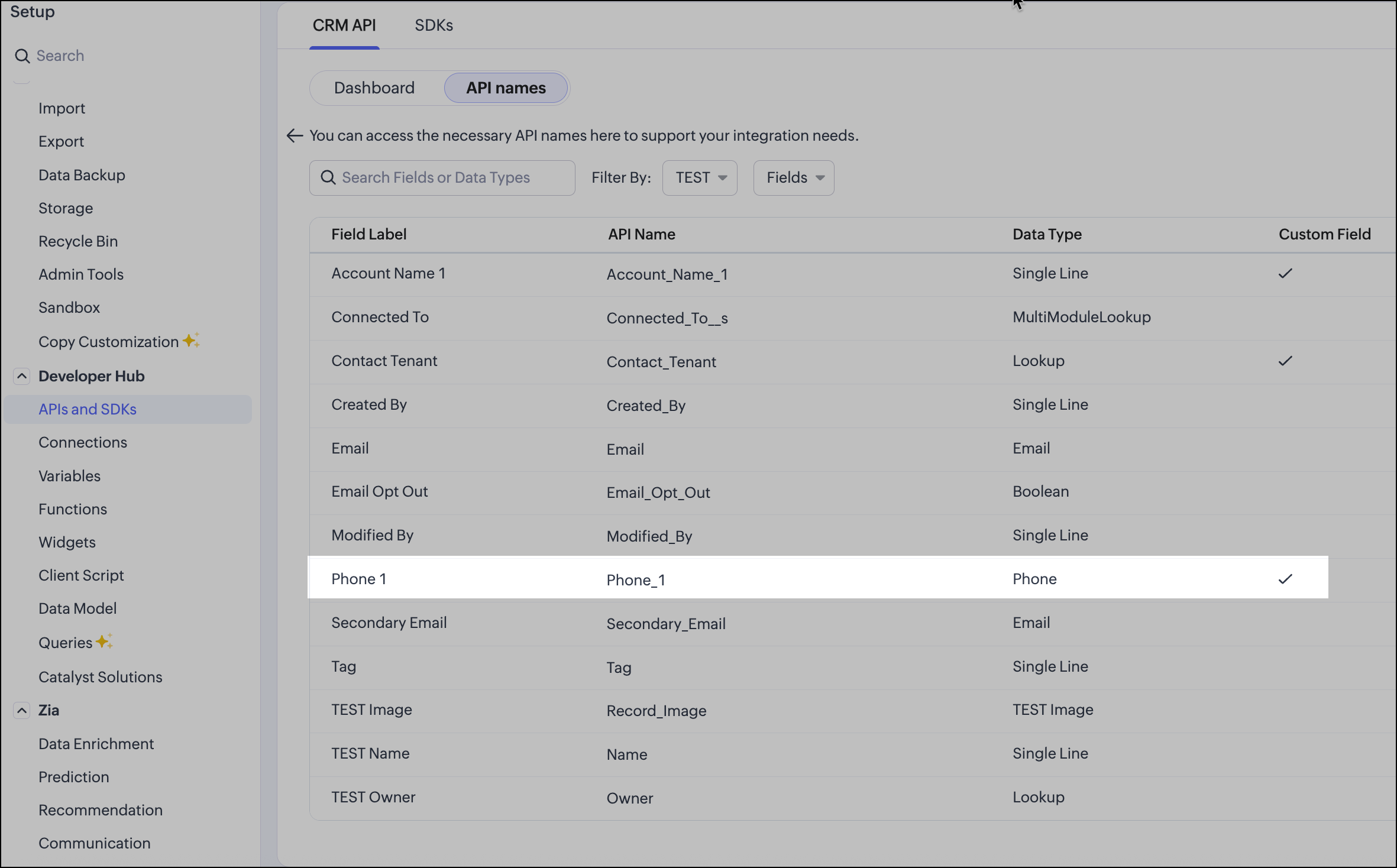 API name in custom module.