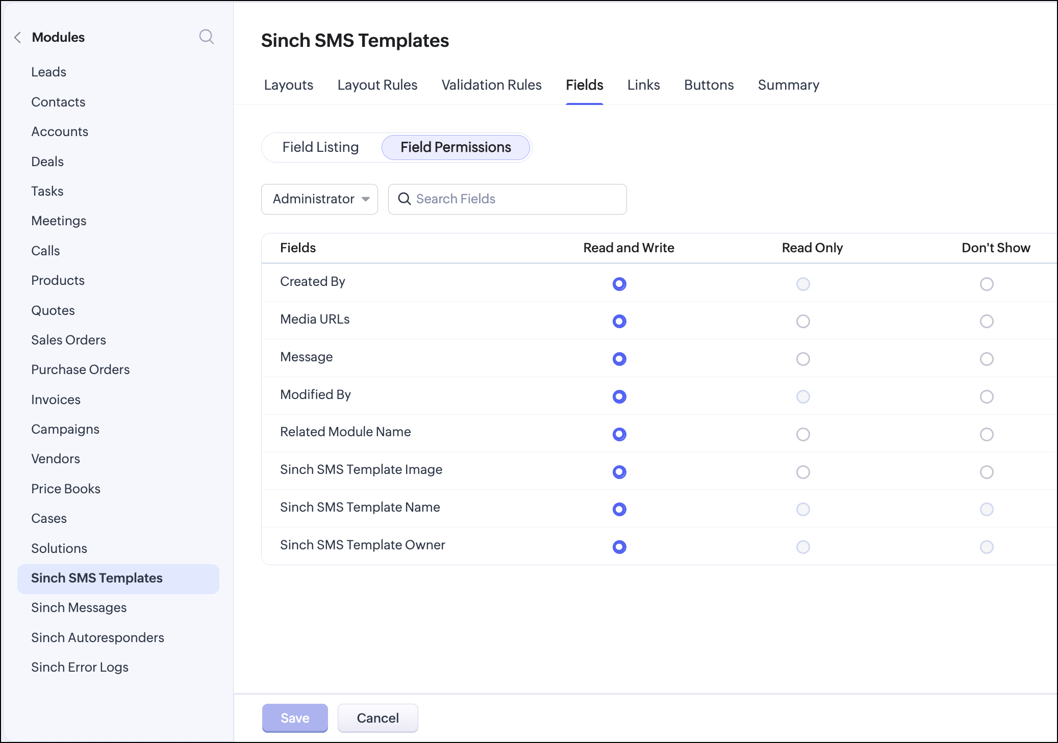 Sinch SMS Templates field permissions.