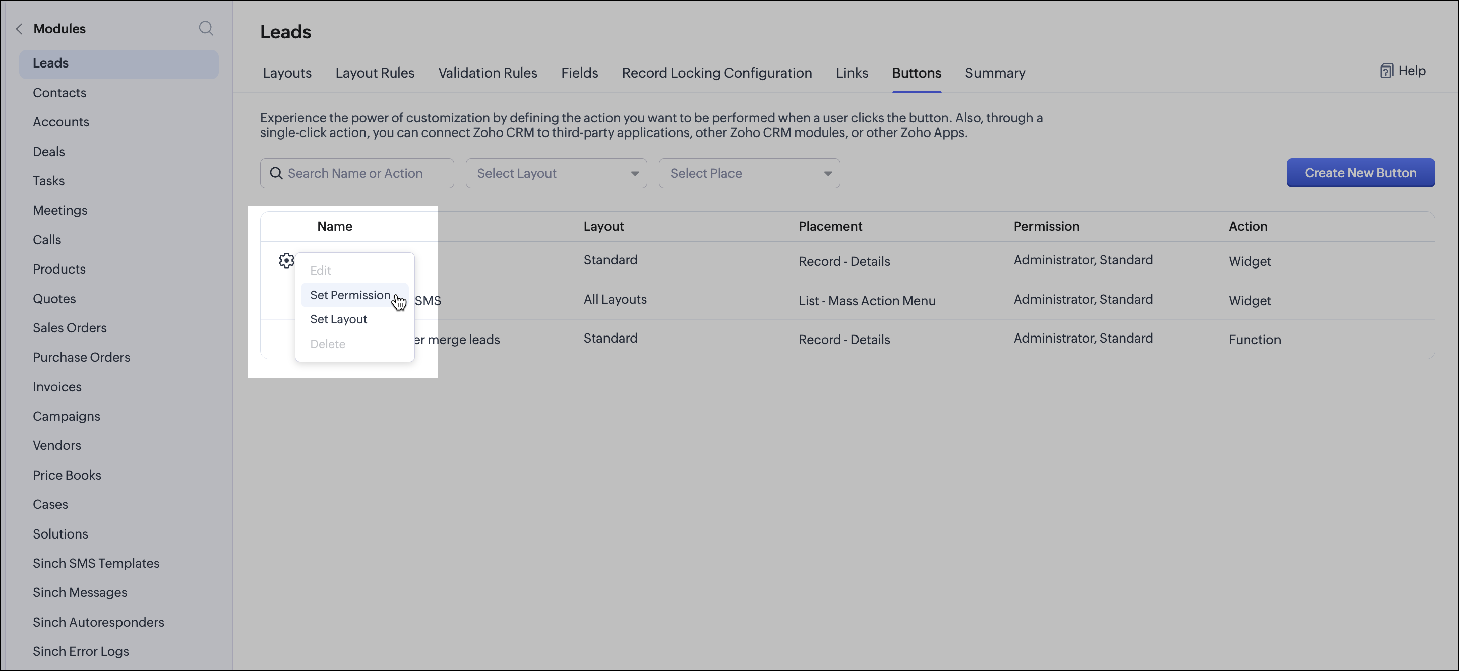 Leads buttons permission settings.