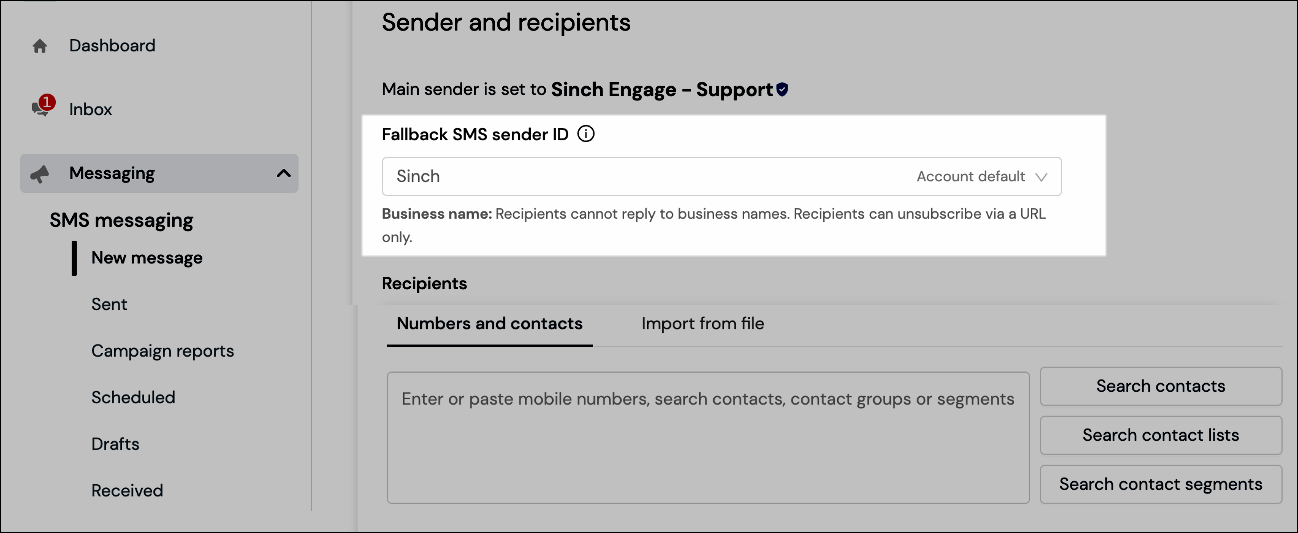 Fallback SMS sender ID field