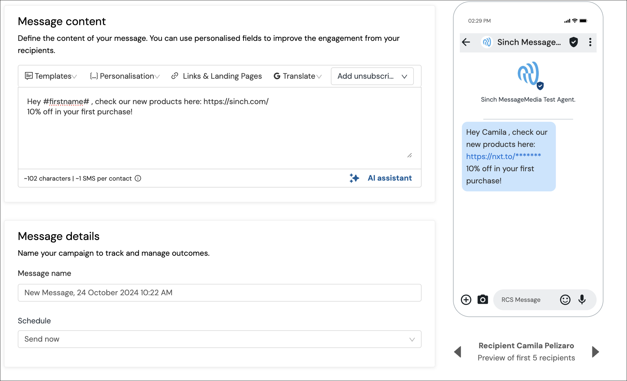 Message content panel and preview screenshot