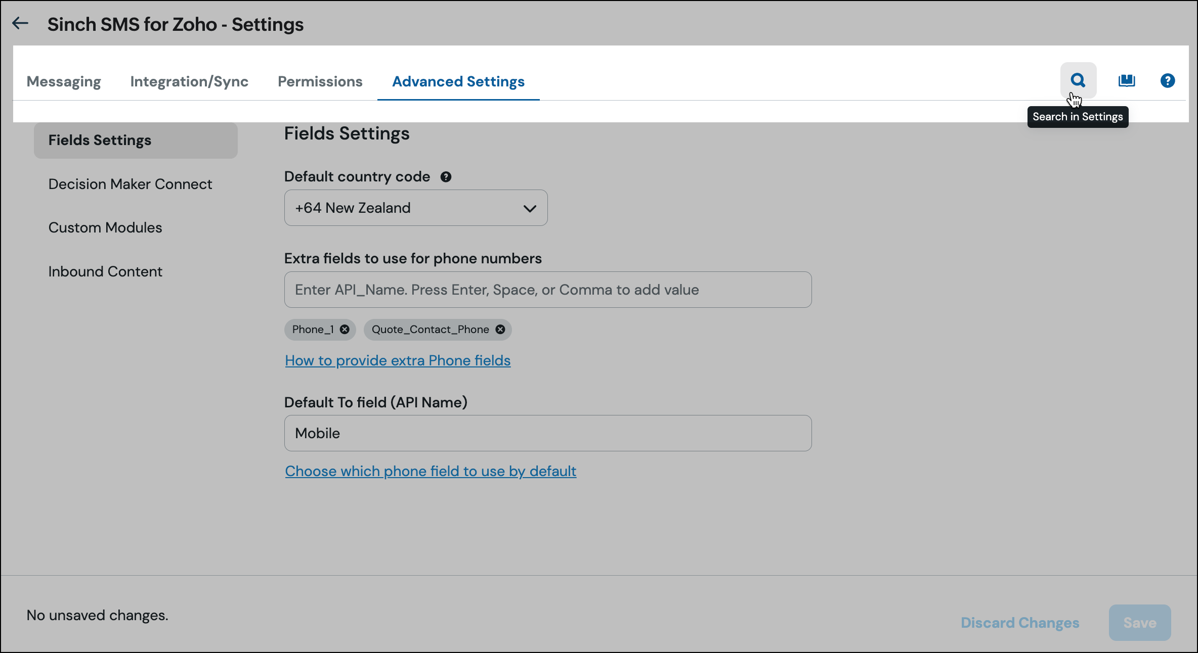 Settings and new search icon.