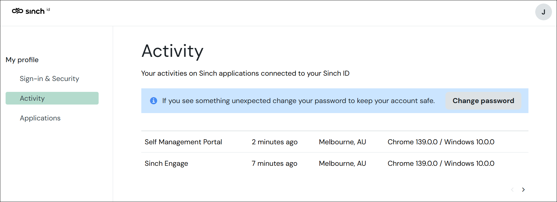 Screenshot showing the activity screen