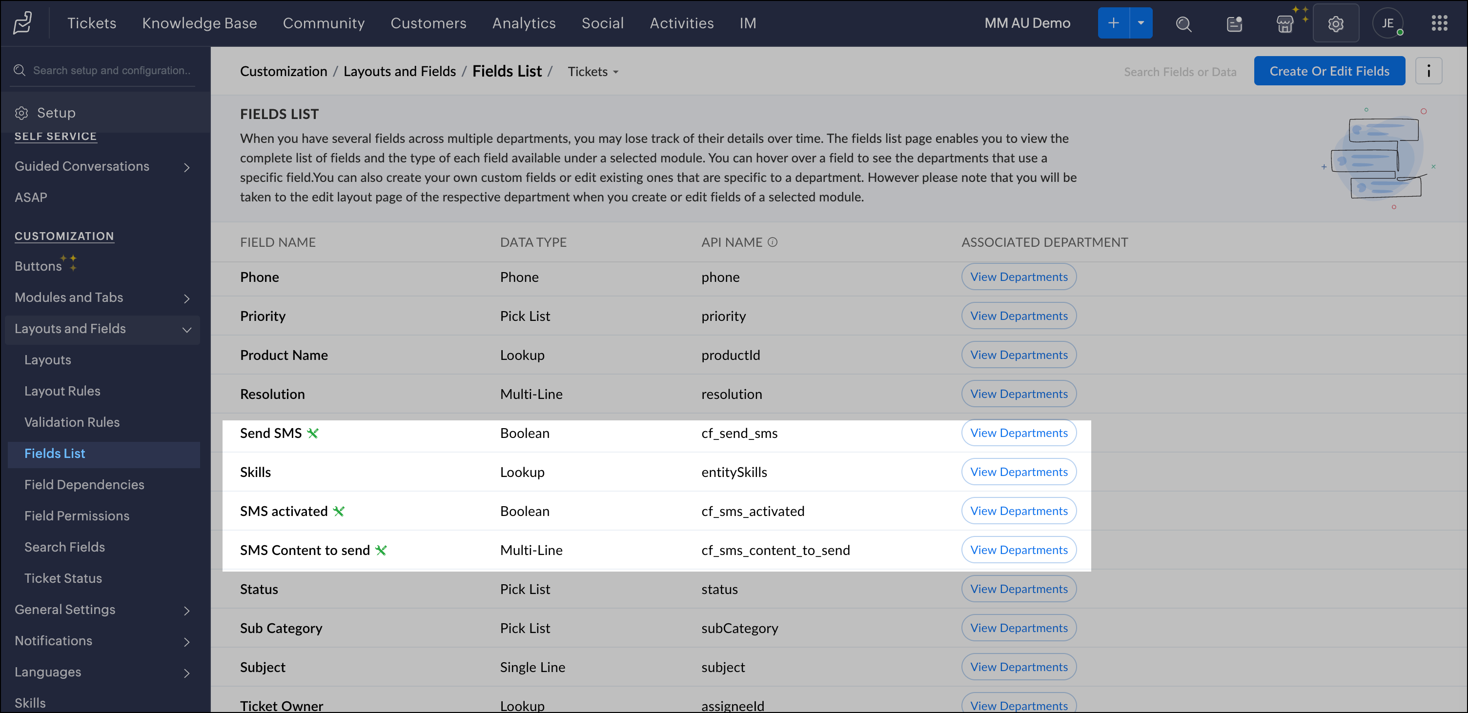 Fields List in Zoho Desk.