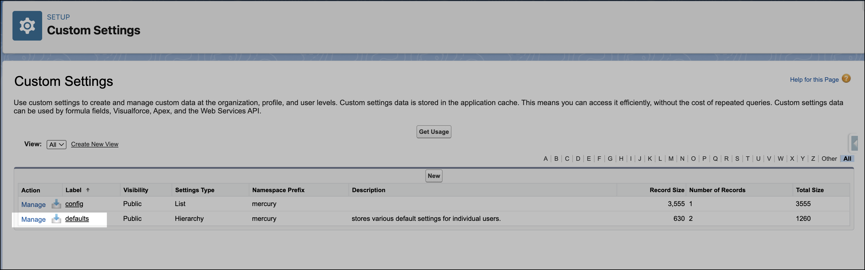 Custom Settings in Salesforce setup.