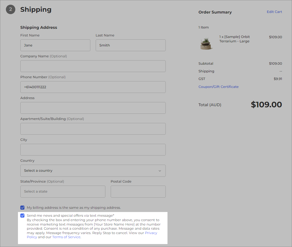 BigCommerce SMS marketing opt-in.
