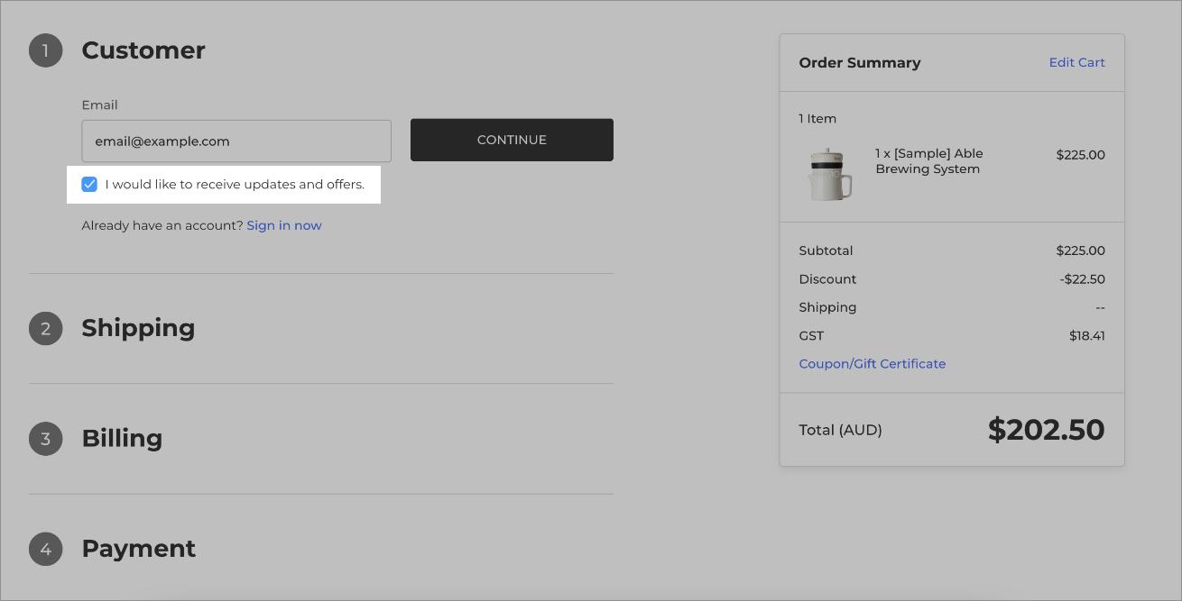 General marketing in BigCommerce checkbox.